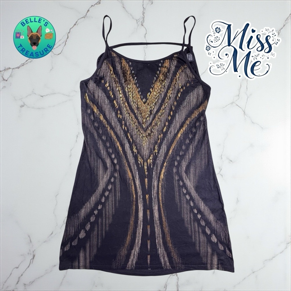 Miss Me Dress Womens Medium Slip Black Gold Metallic Beaded‎ Y2K Drape Back